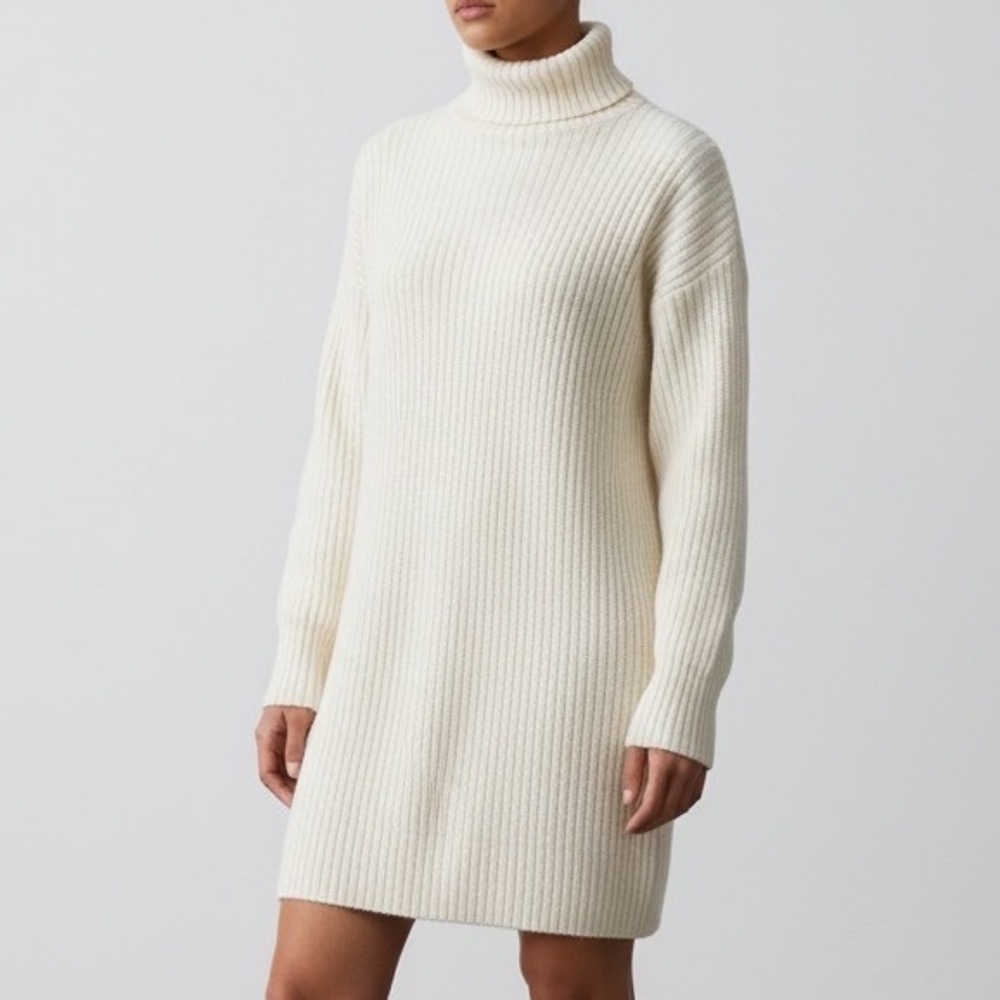 Banana Republic Ivory White Ribbed Knit Turtleneck Sweater Dress small preppy